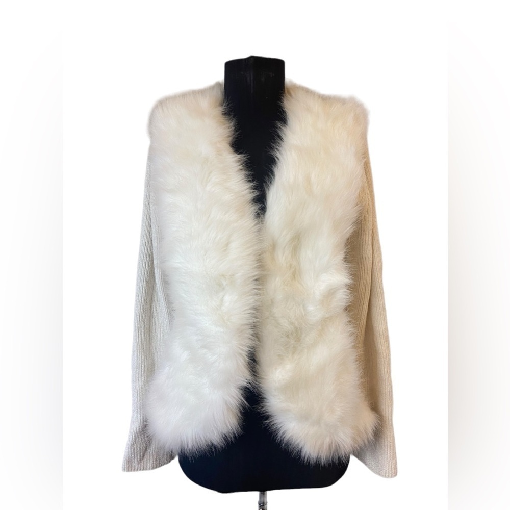 Vintage Lisa International Off-White Long Sleeve Sweater Faux Fur Jacket - Picture 2 of 10